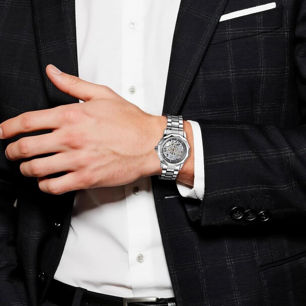 Oidea Men's Octagonal Automatic Mechanical Watch Silver Business Classic Simple Gear Style Luminous Stainless Steel Durable Gift