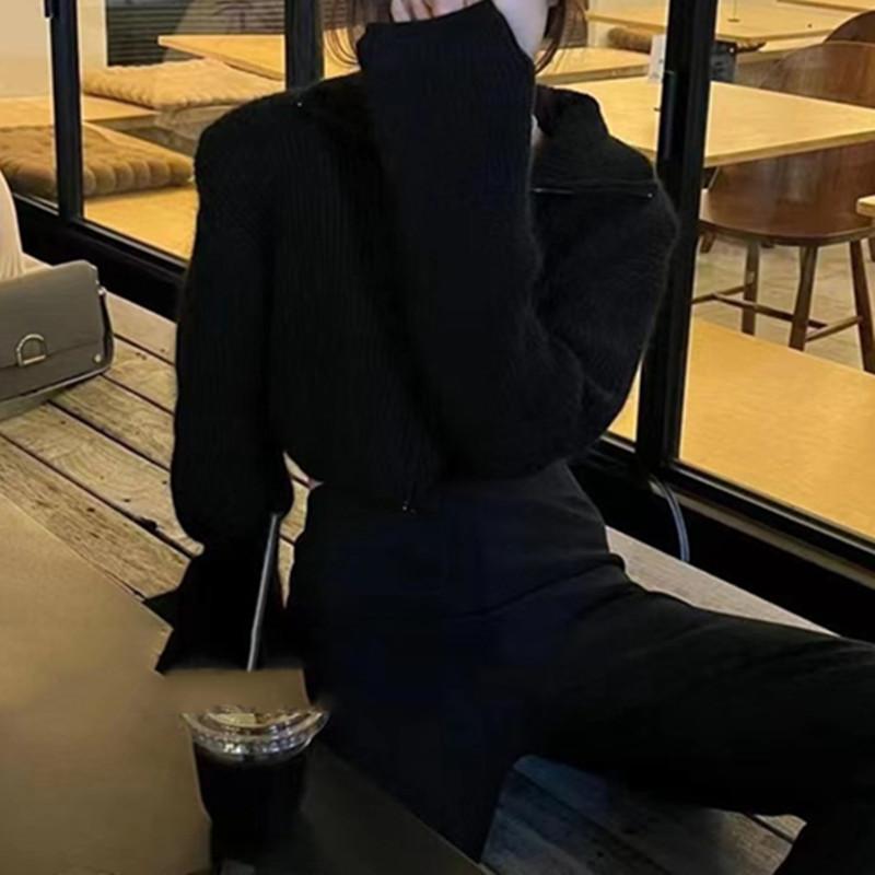 Elegant Fashion Turtleneck Cardigan Short Sweater Women Loose Autumn Winter New Versatile Zipper Long Sleeved Sweater Jacket Casual Simple Office Tops