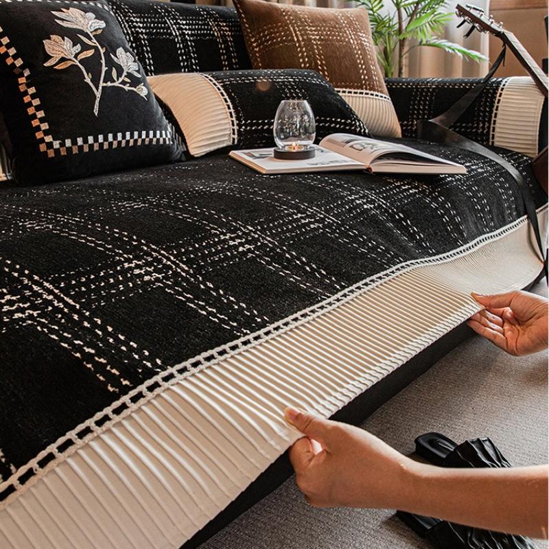 Piece Checkered Chenille Sofa Cushion Universal Anti Slip Cushion for All Seasons Sofa Cover Cloth Anti Cat Scratch Wear-resistant Home Decoration