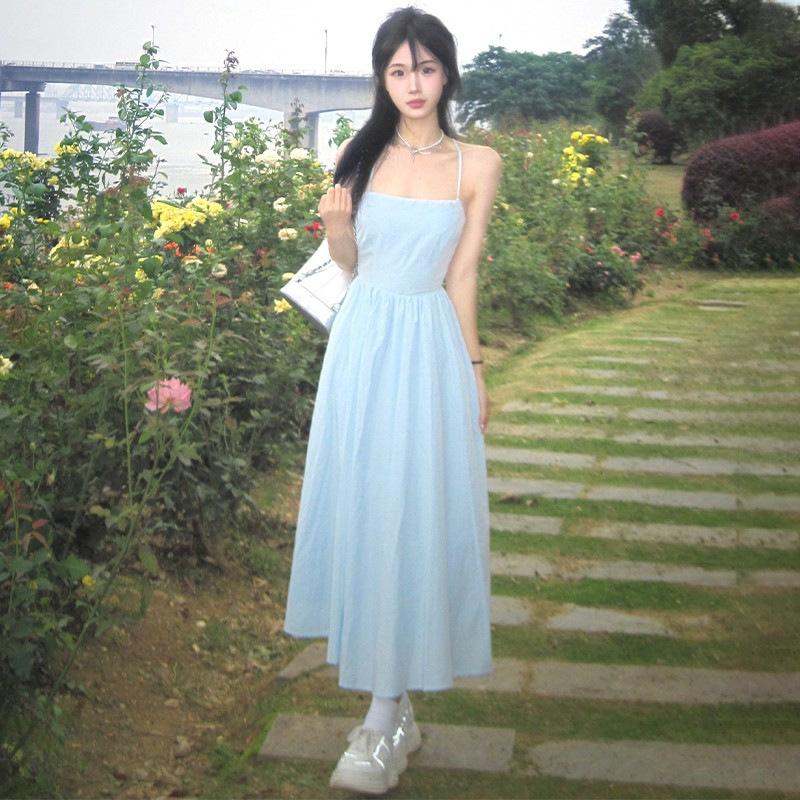 Seaside Vacation-style Dress for Women, Summer Design Backless Tie-up A-line Long Dress, French Elegant Slip Dress