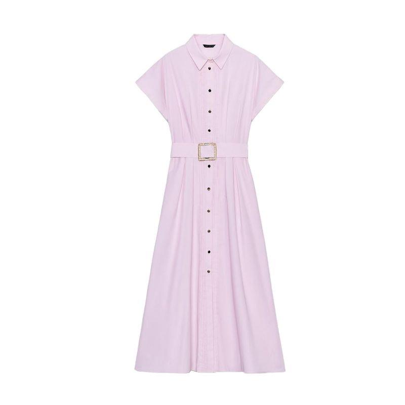 

Autumn New Women s Clothing Frill Decorative Lapel Short Sleeve with Belt Poplin Midi Skirt Dress 8441255 Pink L