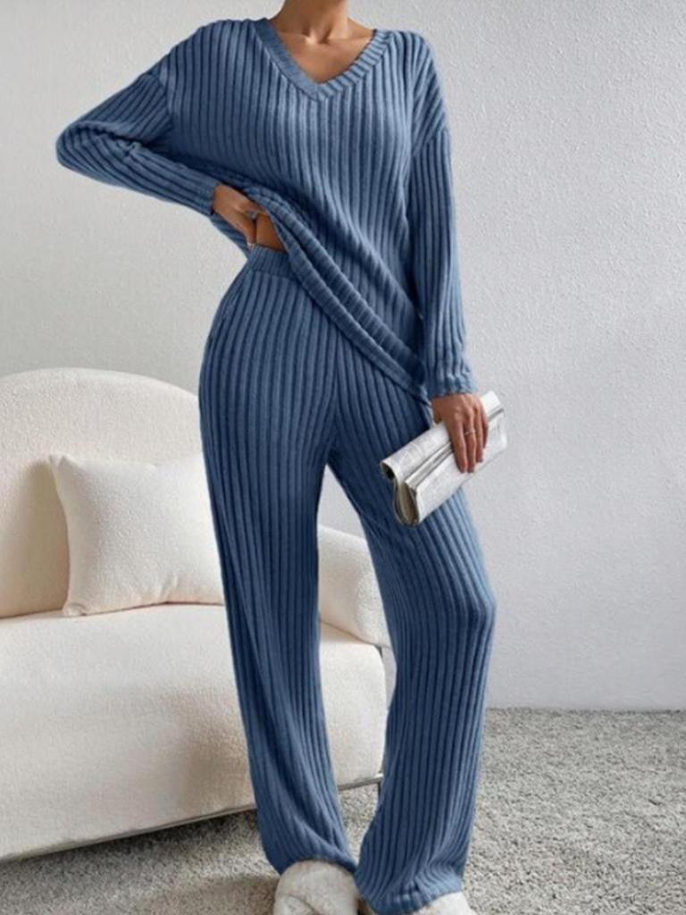 2025 Autumn Women's Cross-border Casual V-neck Rib-knit Set with Loose Straight-leg Pants