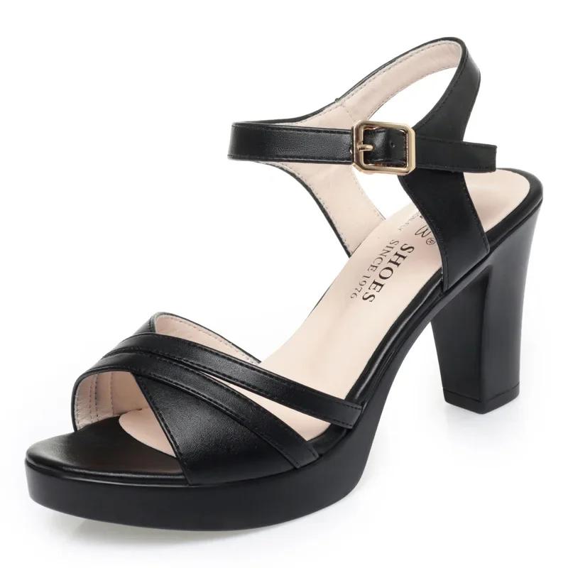 6.5cm 8cm Comfortable Block High Heels Sandals Women Shoes 2025 Summer Soft Leather Platform Sandals for Office Work Mom