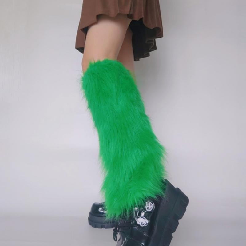 Women Girls Japanese Style Solid Green Plush Leg Warmer Aesthetic Punk Fuzzy Thickened Boot Cuffs Leg Cover Long Sock