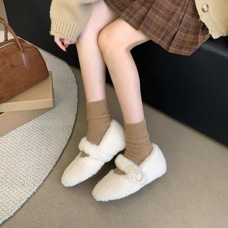 Inner Height Increase 5cm Plush Wool Shoes Women's 2025 Winter New One-word with Mink Thick-soled Versatile Casual Wool Cotton