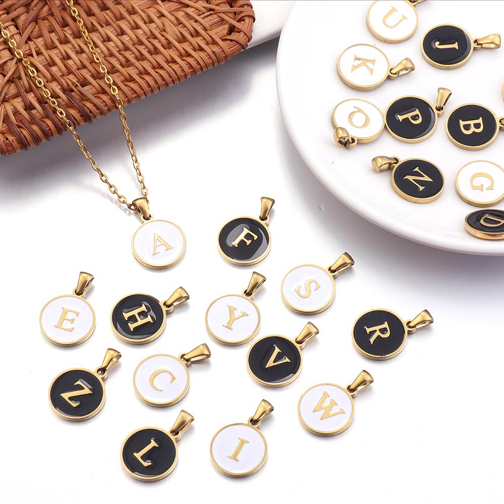 2Pcs Stainless Steel A-Z Round Letter Charms Enamel Alphabet Charms Single-sided Pendant DIY Necklace Bracelet Jewelry Findings