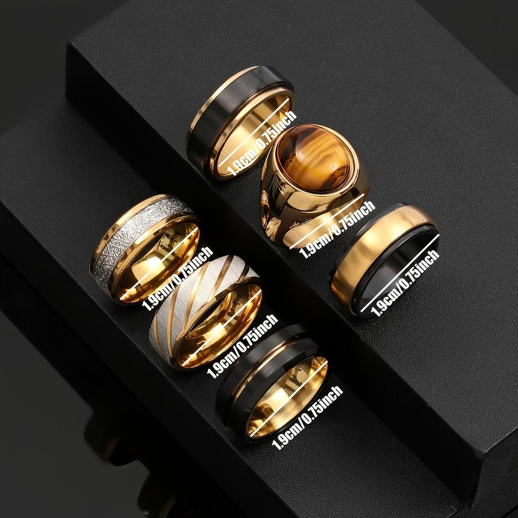 Modisches Herren-Titanstahl-Ringset mit Holzmaserung: Schwarz, Gold und mattierter Edelstahl, nicht verblassend.