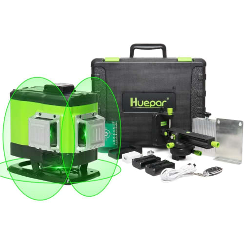 Huepar 3x360 Laser Level, Green, with Cross Lines, Large Square, and Full Line Illumination, Dual Power Supply, Rechargeable, Connection Adapter, Rem