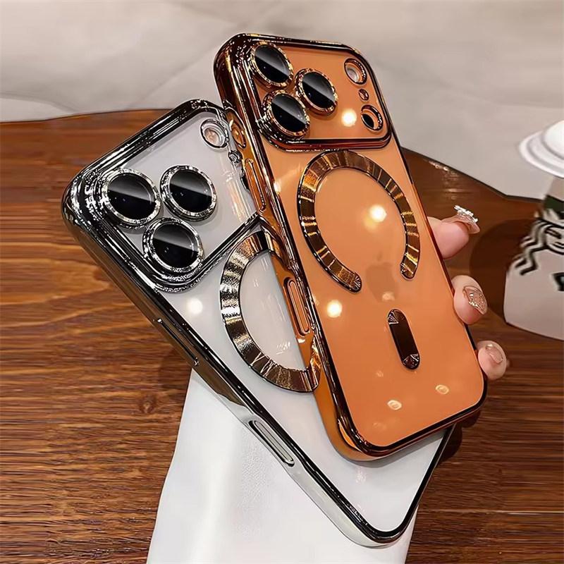 Luxury Plating Transparent Soft TPU Magsafe Case for iPhone 17 Pro Max Air 13 14 15 16 12 11 Pro Max 16E Plus Silicone Cover