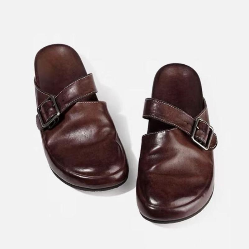 Fashion High Quality Soft Leather Brand Flat Sandal Women Fashion Metal Buckle Wide Band Designer Shoe Cozy Non-slip 44 Plus Size Sandal