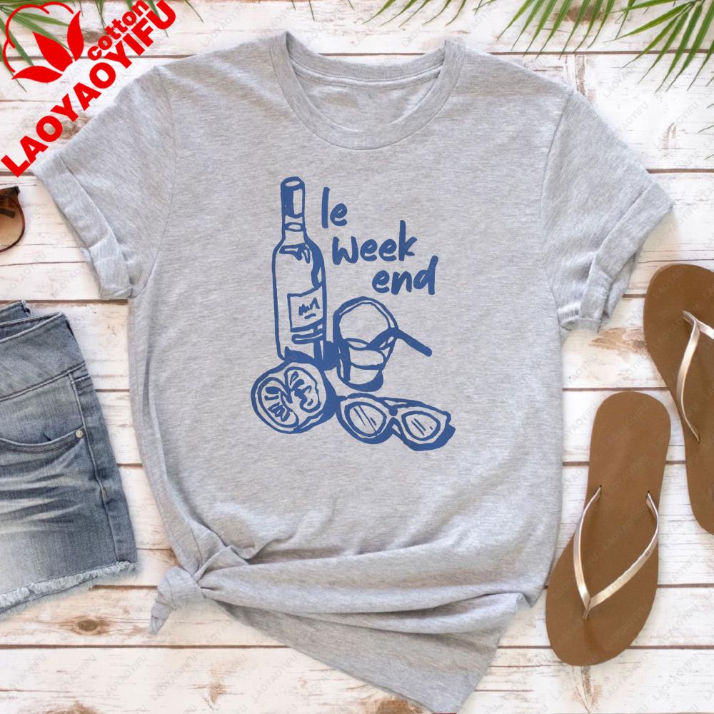 

Le Weekend Bottle and Sunglasses Print Women TShirt Casual Summer Short Sleeve Cotton Fashion Top for Beach Vacation Tops S