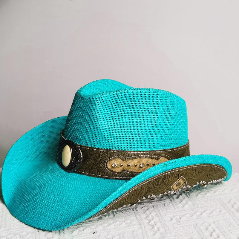 Summer Hard Embroidery Western Cowboy Straw Hat Women Fashion Large Brim Straw Hat Party Outdoor Sunshade Hat Sombrero Vaquero