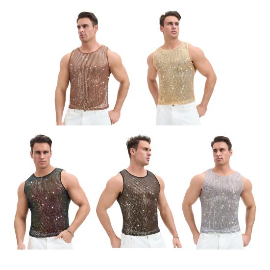Herren Pailletten Weste Funkelnd Rundhals Ärmellos Shirt Durchsichtig Sexy Tanktop für Musikfestival Rave Nachtclub Bar Party