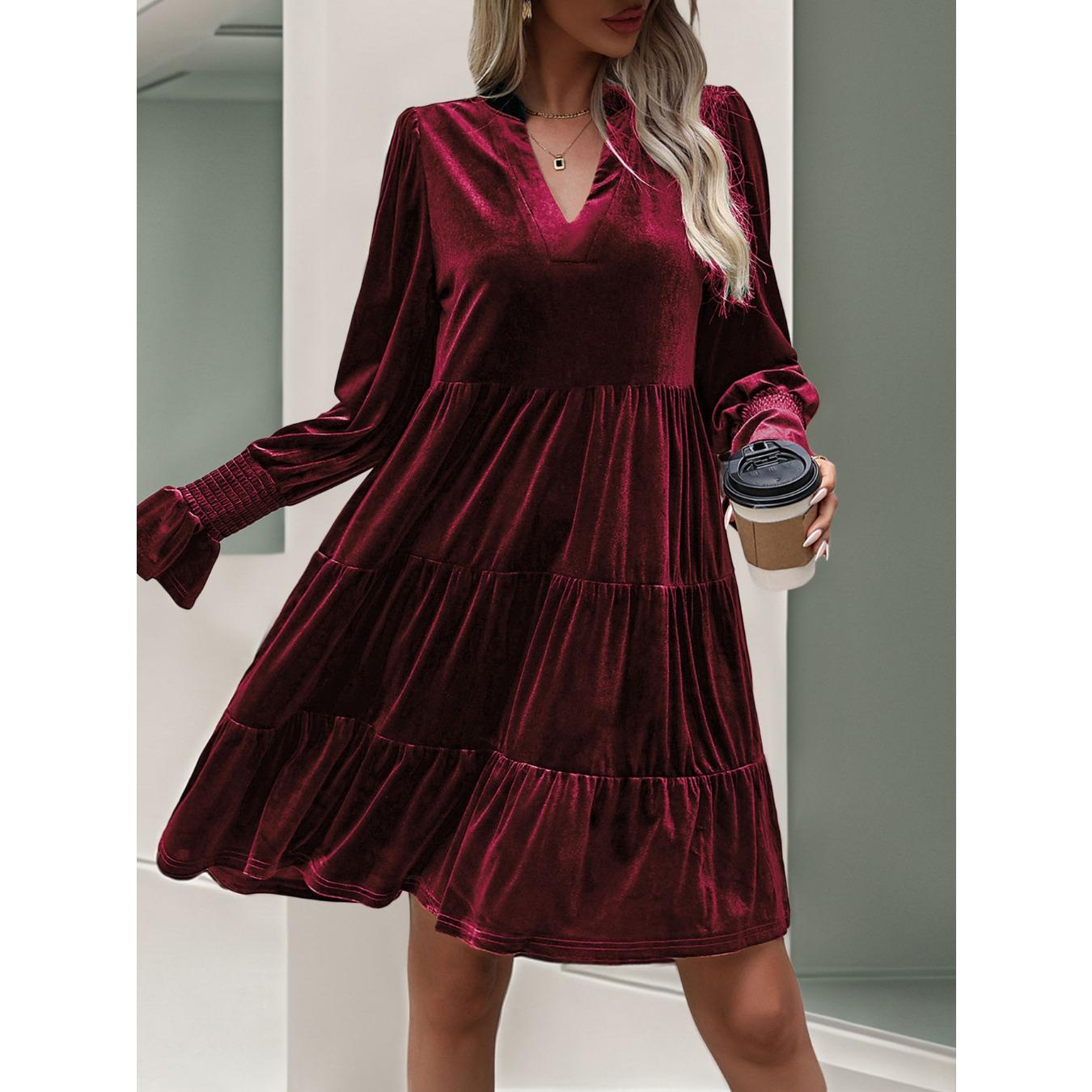 

GMXIA Женская мода весна-осень однотонный принт длинный рукав V-образный вырез высокая талия повседневные платья XL бордовый