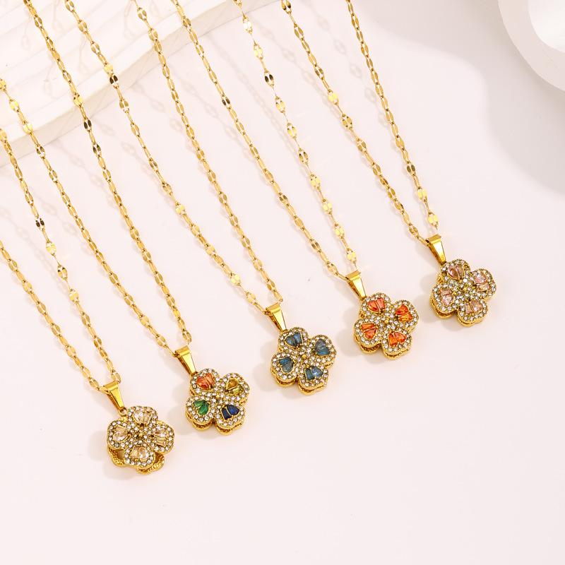 Necklace Light Luxury High Sense Niche Titanium Steel Necklace Trendy Brand Four-leaf Clover Rotatable Temperament Versatile Zircon Necklace Women