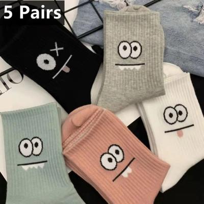 5 pares de calcetines con estampado de expresión linda, calcetines de tubo medio cómodos y divertidos que combinan con todo, medias y calcetería para mujer