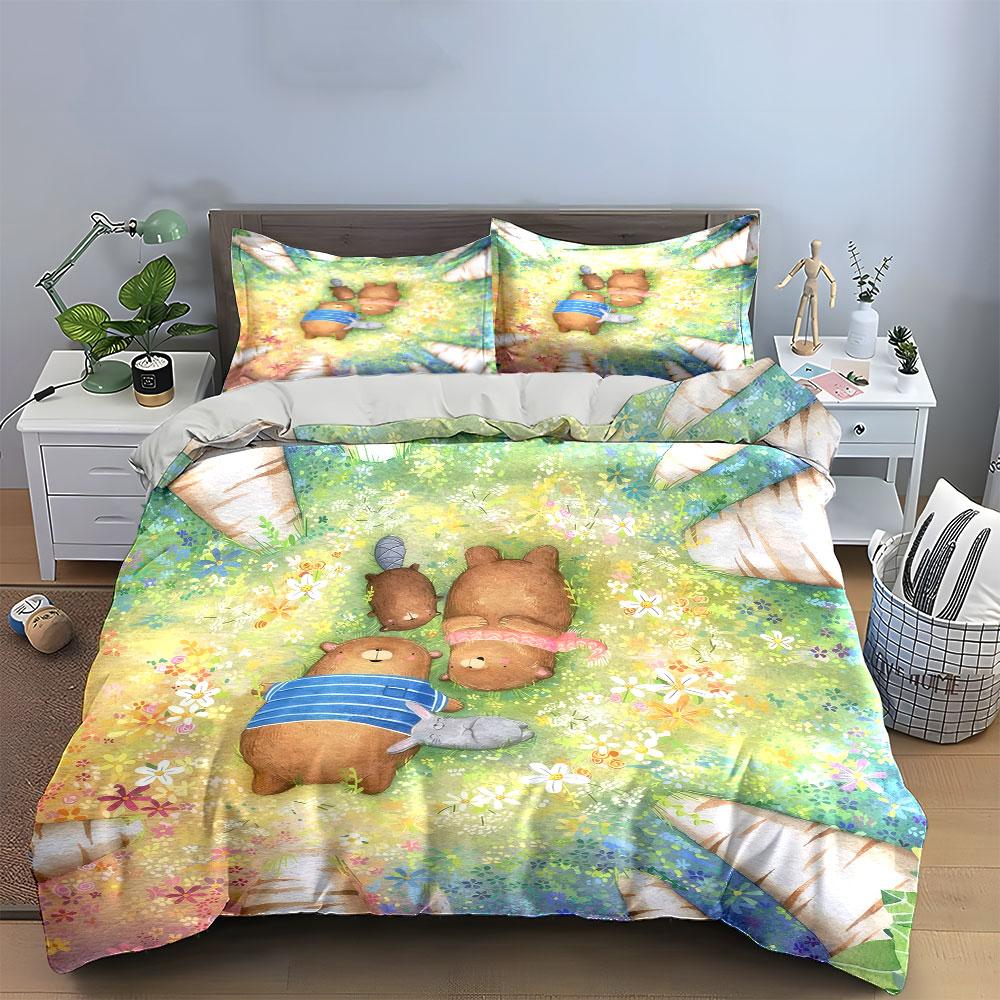 Cartoon Family Picnic Set Multiple Sizes Kid'S And Adults' Bedroom Exquisite 3Pc Bedding Set, Gift