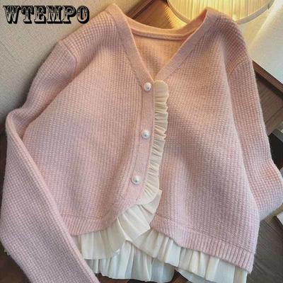 Strickjacke mit Spitzennähten für Damen im Herbst und Winter, neuer sanfter französischer, einfarbiger, langärmeliger Pullovermantel