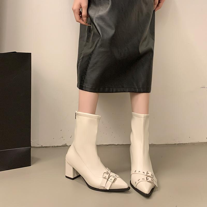 Fashion Aphixta Luxury Leather Women Ankle Boots Metal Buckle Back Zipper Close Modern Boots Shoes Woman Boats botines para mujeres