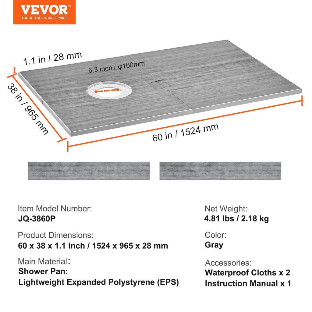 Shower Curb Kit, 1524x965mm Shower Pan Kit with 160mm Offset Drain, Lightweight EPS Shower Installation Kits with 2 Waterproof Cloths, Shower Pan