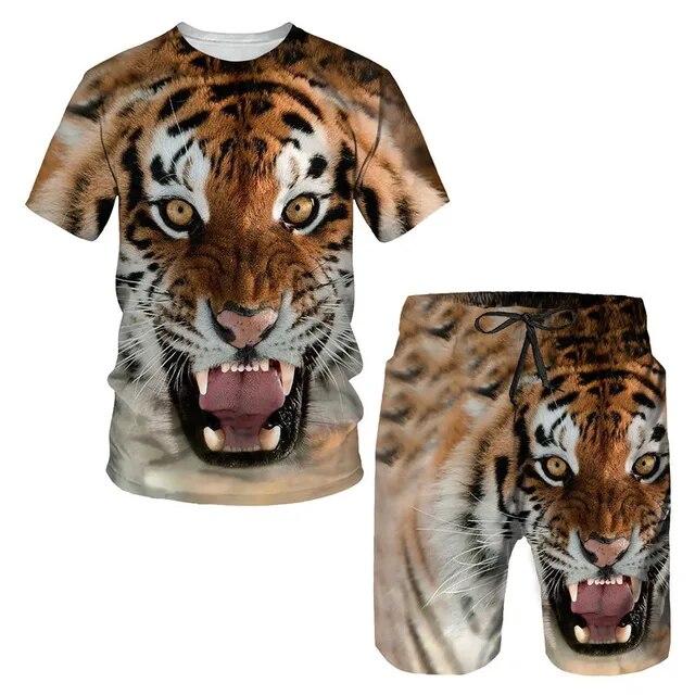 Tricou/costumul cu imprimeu 3D The Tiger, cu mâneci scurte, cu gâtul O, pantaloni de plajă pentru bărbați, set de 2 bucăți, îmbrăcăminte sport pentru cuplu, pantaloni scurți de înot