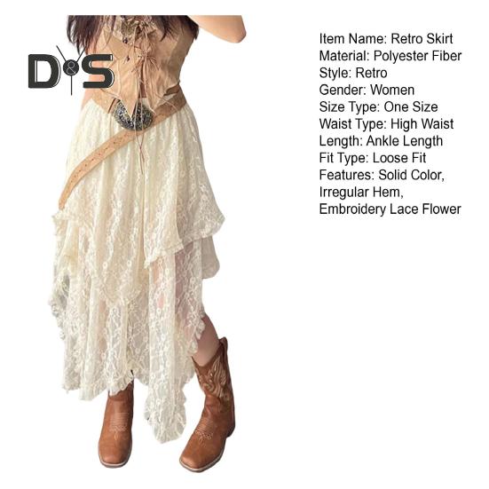 Retro sukně s elastickým vysokým pasem, krajkou a nepravidelným designem, midi sukně ve francouzském stylu, retro výšivka, krajka s květinovou výšivkou