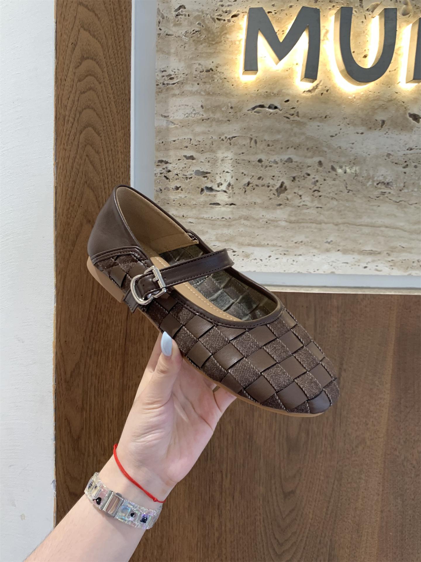 

Fashion Female Buckle Strap Footwear Ladies Flats Mary Janes Shoes New 2025 Fashion Weave Shallow Women Ballet Flats Walking Shoes 39 коричневый