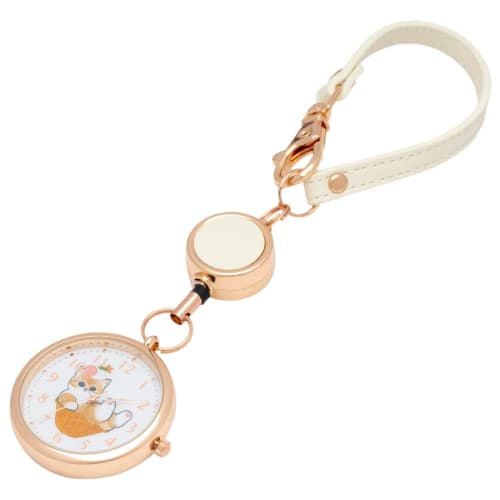 

Fieldwork Women s Analog Pocket Watch Keychain Watch by Mofusand with Reel, Waffle Nyan Design, White, MSD007-1