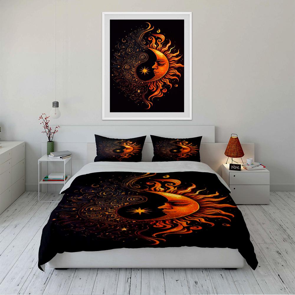 Sun and Moon Pattern Bedding Set Bedding Set (1 Duvet Cover, 2 Pillowcases, Duvet Not Included)