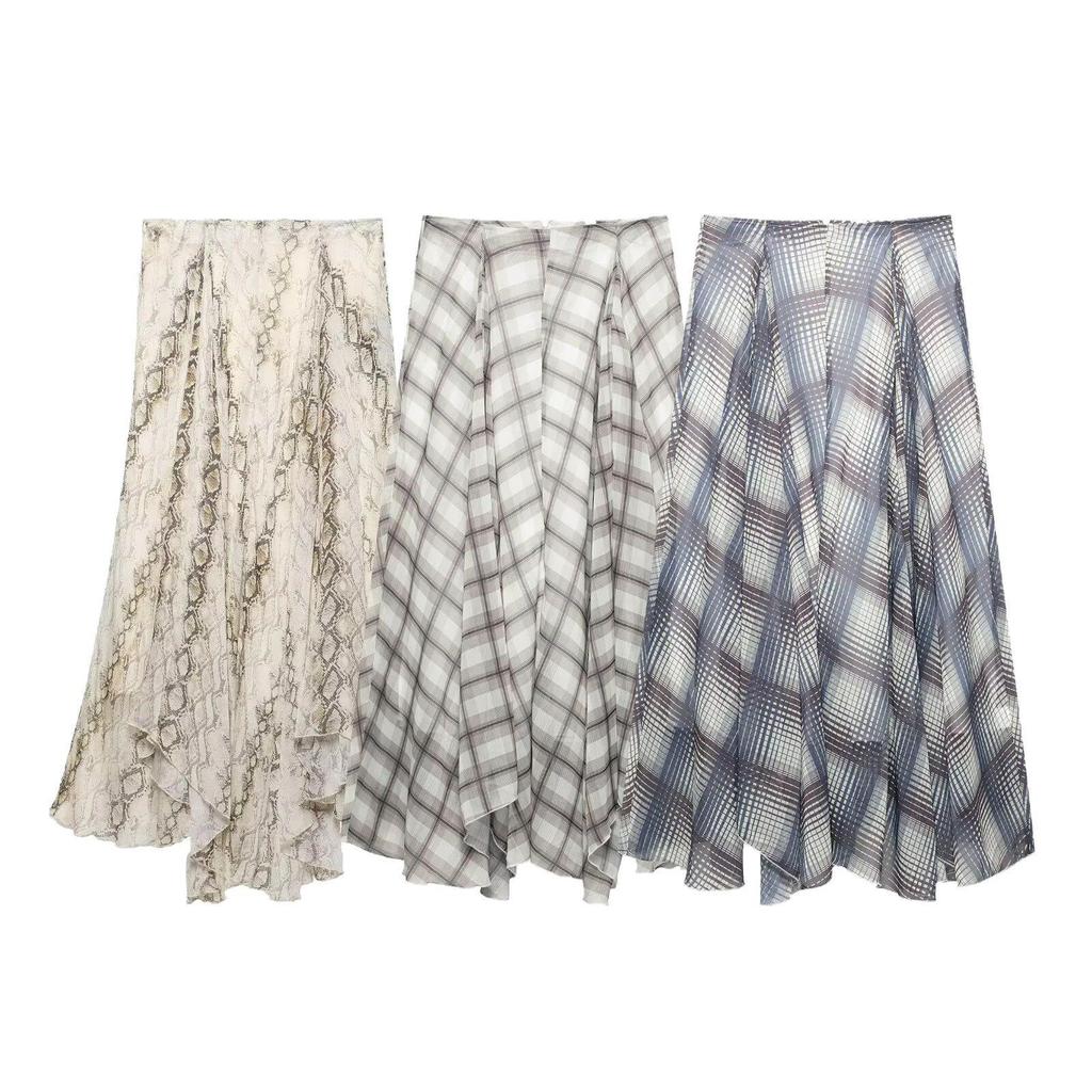 2025 Spring Women's Casual Animal Print Floral Midi Skirt with Irregular Wide Hem