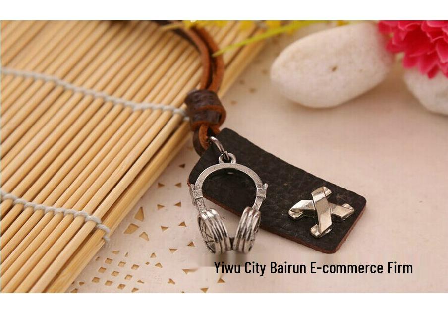 Alloy Two-Circle Pendant Necklace with Genuine Leather Cowhide Cord