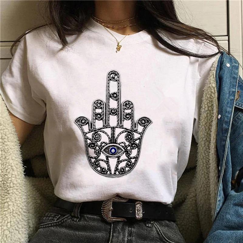 Hamasa Hand der Fatima Print Damen T-Shirts Lucky Hamsa Hand Harajuku Unisex T-Shirts Sommer Kurzarm Schwarzes Top Tees Weiblich