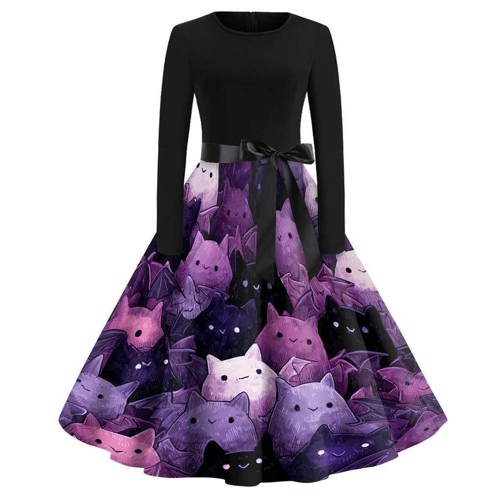 Women's Casual Vintage Halloween Dress Long Sleeve Round Neck A-Line Retro Print Midi Dress with Waist Tie for Autumn and Winter