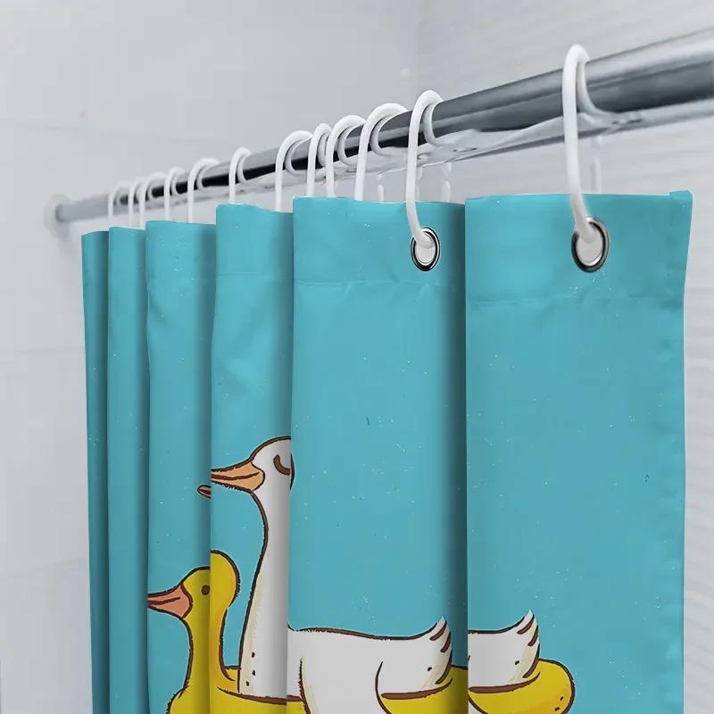 Cute Duck Swim Rings And Goose Shower Curtains - Waterproof And Mildew Resistant Bathroom Decoration, Bringing Fun Home Style