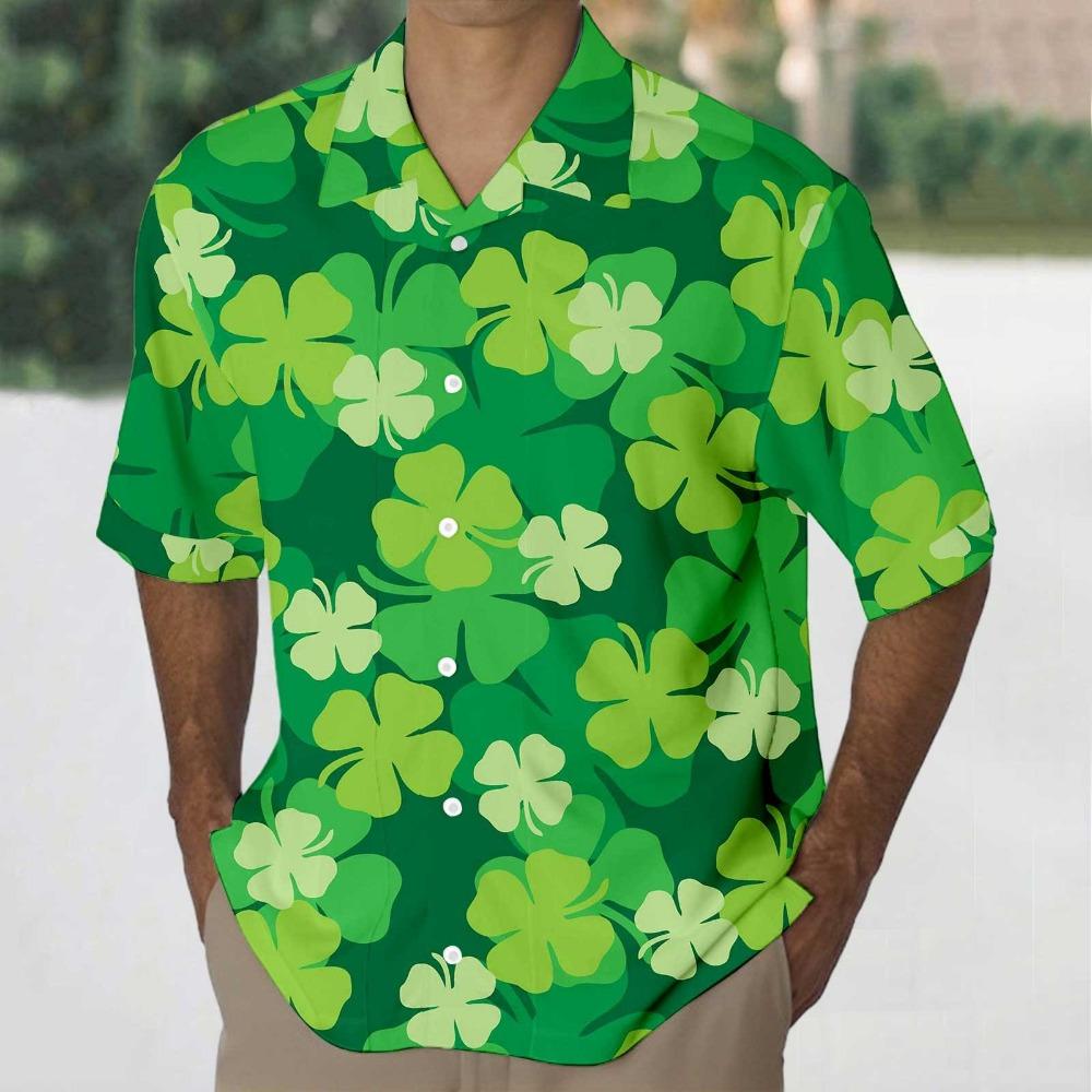 Saint Patrick Mens Shirt Festive Green Shamrock Print Lapel Short Sleeved Shirt Vintage Solid Shirts Cardigan Men's Blouses