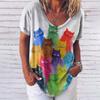 Sommer V-hals 3D Cat Printed Topp Fasjonable Casual Kortermede T-skjorter for kvinner