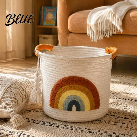 Decorative Laundry Hamper Large Cotton Woven Storage Basket Cartoon Embroidery Toy Organizer Bin Home Decor Basket Capacity with Reinforced Handles
