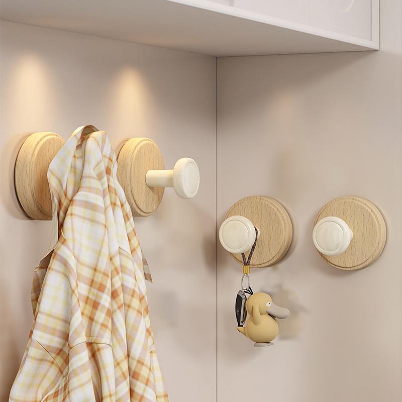Beech Wood Suction Cup Hook, Punch-Free Vacuum Adhesion for Bathroom, Toilet, Clothes, or Hats