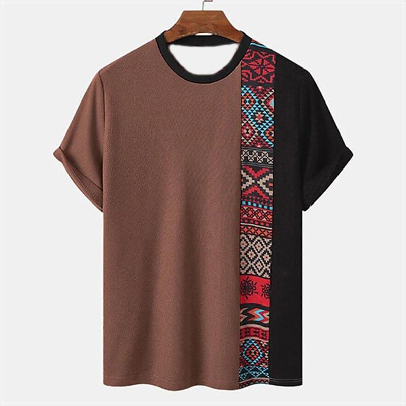 Pánské tričko s kmenovým etnickým vzorem, barevné prošívání, 3D potisk, letní ležérní top s kulatým výstřihem, krátký rukáv, volné tričko