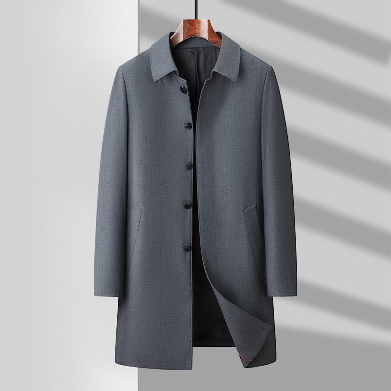 Autumn New Business Casual Men's Clothing Medium and Long Trench Coat Middle-aged and Elderly Solid Color Medium and Long Coat