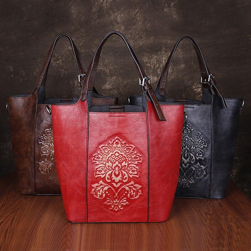 Johnature Retro Luksus Håndvesker Kvinner Bøtteveske Vintage Stor Kapasitet Floral Kuskinn Håndlagde Pregede skuldervesker