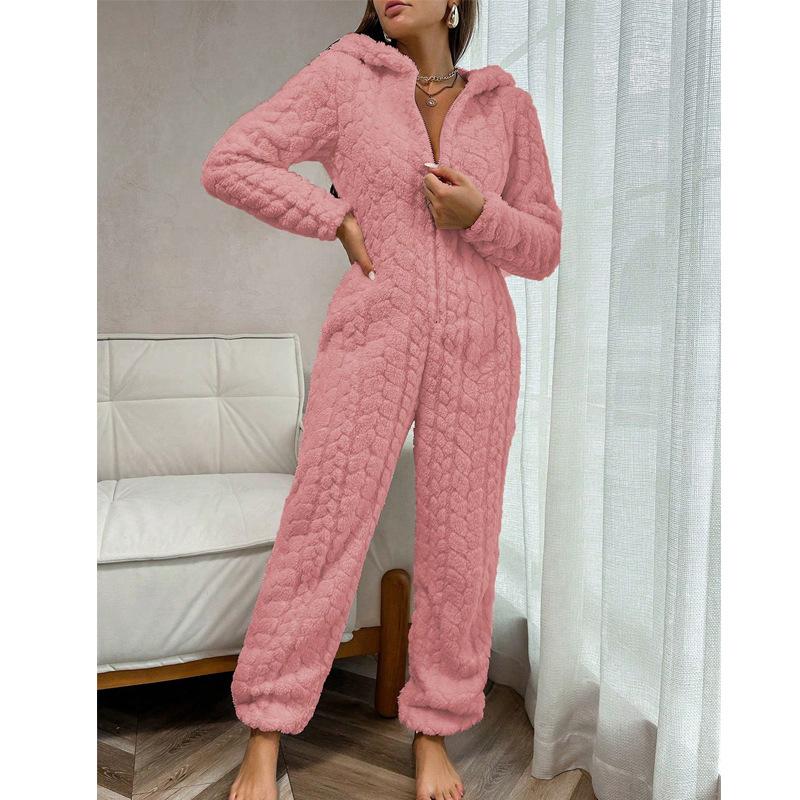 Damen Kapuzen Reißverschluss Flauschiger Plüsch Einteiler Schlafanzug Einfarbige Gesteppte Warme Loungewear