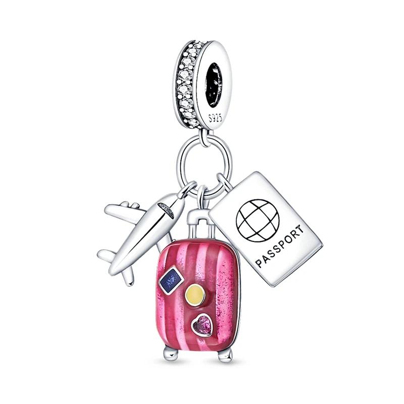 Copper Travel Passport Trunk Charms Fit Original Bracelet Diy Airplane Earth Beads For Jewelry Making Gift