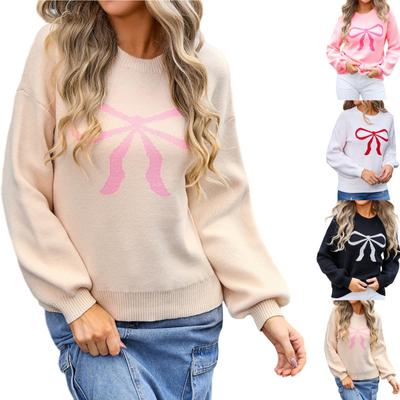 Sweaters For Women Fashion Trendy Long Sleeve Crewneck Pullover Bow Pattern Knit Sweater Tops