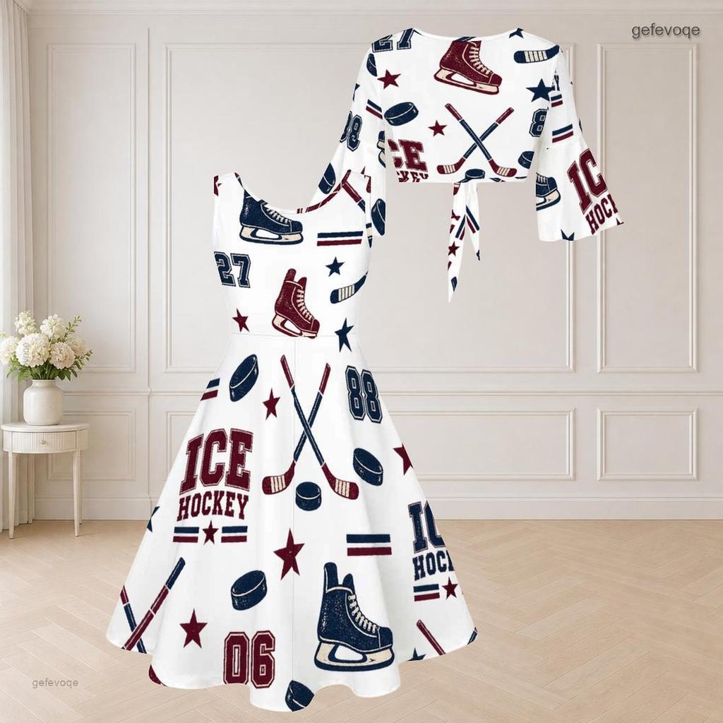 Women Plus Size Sleeveless Two Piece Midi Dress Set Tie Front V Neck 3 4 Sleeve Hiking Print White