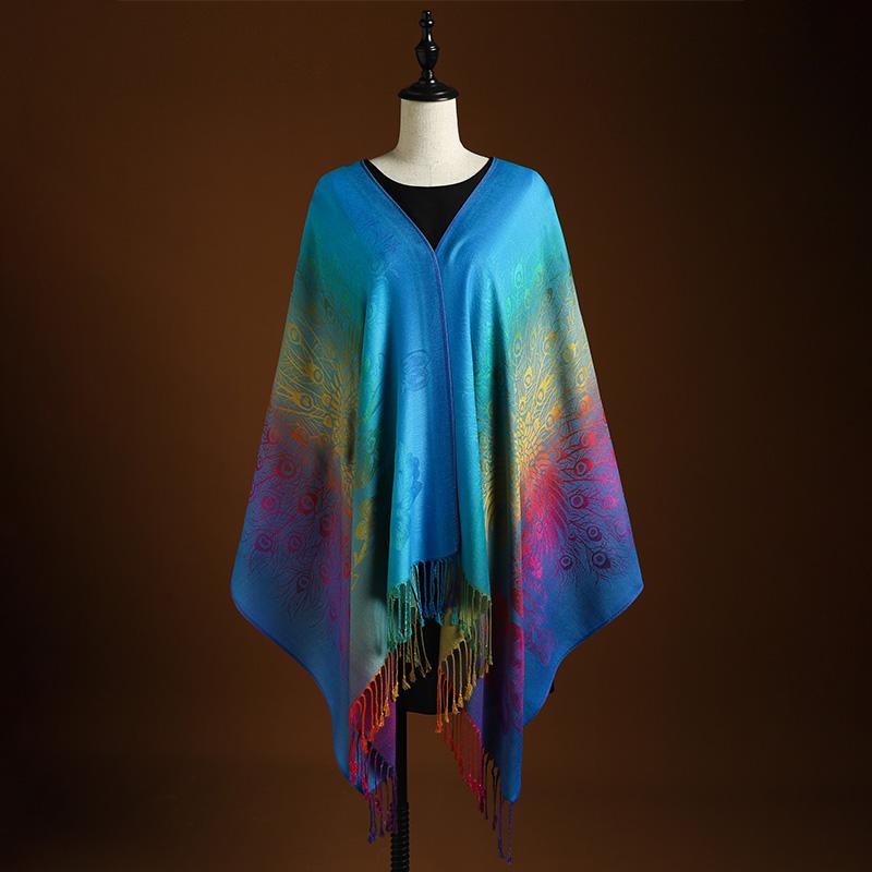 

Elegant Peacock Feather Jacquard Scarf With Gradient Colors And Tassels - Perfect For Mardi Gras, Beach, And Casual Wear