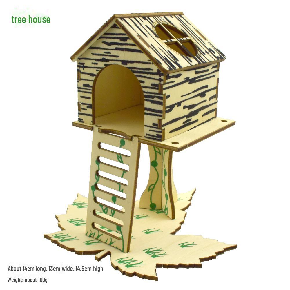 Solid Wood Hamster Climbing Frame Car House with Stairs and Platform Nest Fence for All Seasons.