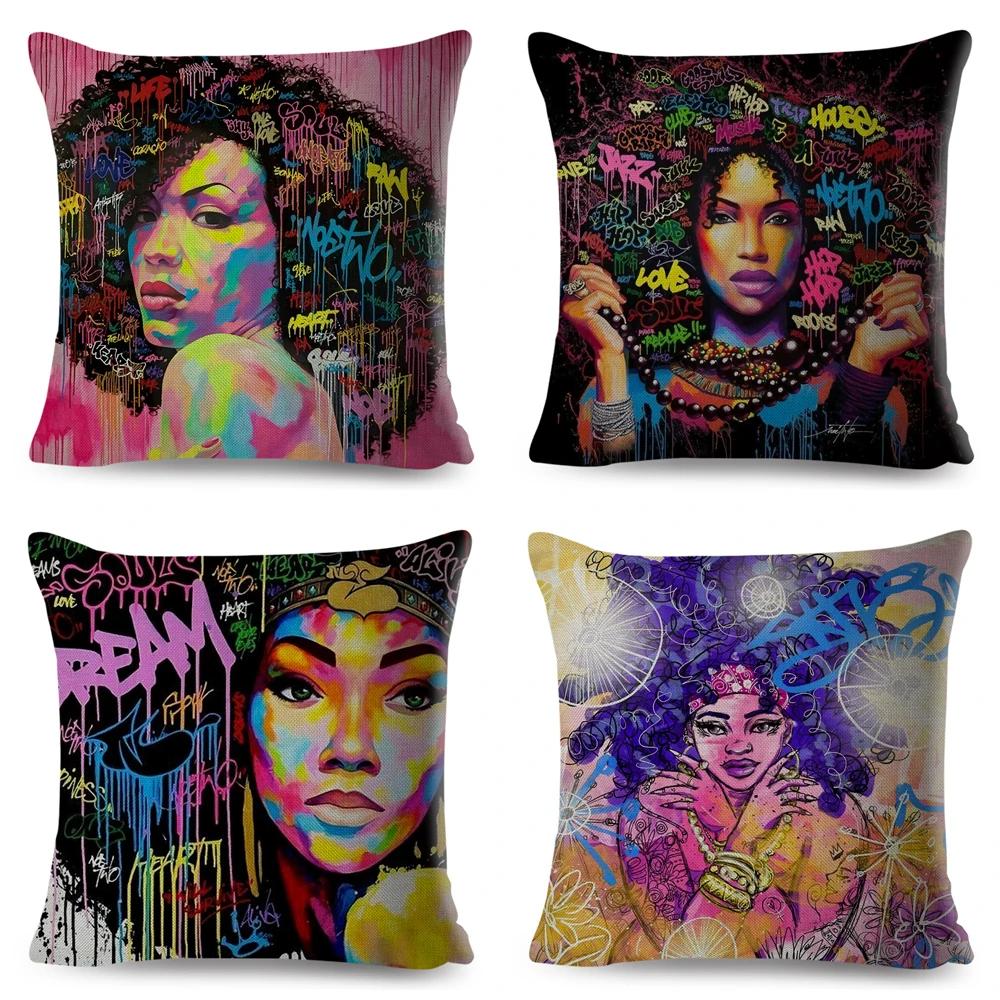 African Women Cushion Cover Decor Colorful Cartoon Lady Dream  Pillowcase Polyester Pillow Case for Bedroom Sofa Home 45x45cm
