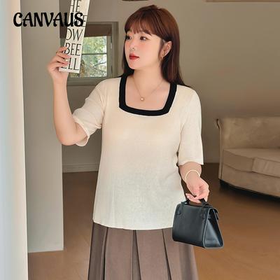 Übergröße Damen Quadratischer Hals Farbkollision Kurzarm-T-Shirt Weiblicher Frühling und Sommer Lockere Strickwaren