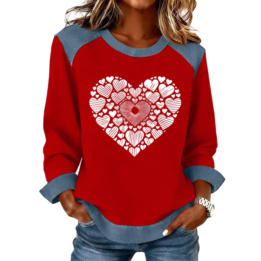 Women Denim Collar Patchwork Stitching Sweatshirt Casual  Pullover Long Sleeve Shirts